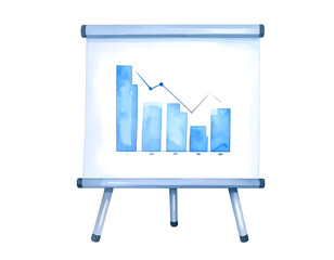 Chart presentation on easel with blue graph. Watercolor illustration isolated transparent background
