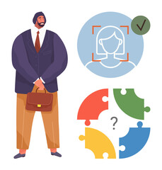 Professional man holding briefcase, facial recognition profile with a checkmark, and colorful puzzle pieces forming a question mark. Ideal for technology, business, recruitment, HR, problem-solving