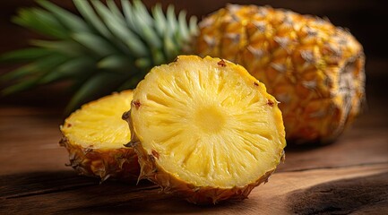 Close-up of a sliced pineapple on a dark wooden surface.  Fresh, juicy fruit with vibrant yellow flesh and spiky green exterior.  Green pineapple leaves in the background