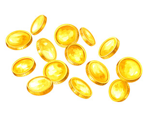 Colorful gold coins scattered on a surface. Watercolor illustration isolated transparent background