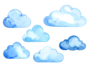 Variety of Soft Blue Clouds in Different Shapes and Sizes. Watercolor illustration isolated transparent background