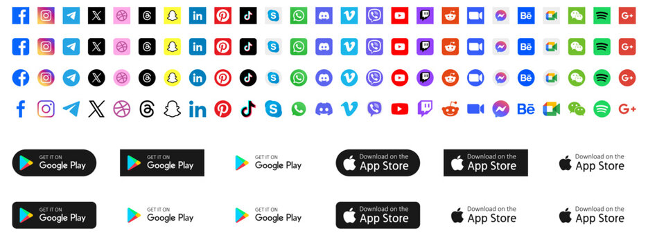 Social Media Icons. Contact Us. Business card. Communication Icons. Google Play and App Store Buttons. Vector Illustration