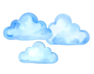 Blue watercolor clouds. Watercolor illustration isolated transparent background