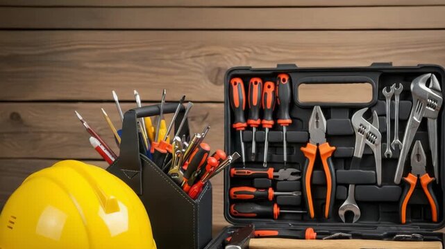 A well-organized toolbox with various hand tools and a safety helmet positioned beside it set against a rustic wooden background ideal for construction or DIY projects