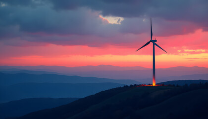 Obraz premium A wind turbine stands tall against a stunning sunset, representing clean energy.