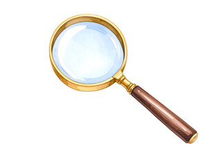 Magnifying glass with wooden handle and glass lens for inspection and analysis. Watercolor illustration isolated transparent background