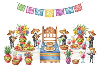 Naklejka premium Fiesta Skeleton Celebration - Festive Day of the Dead scene with skeletons, vibrant flowers, food, and papel picado. Perfect for holiday celebrations