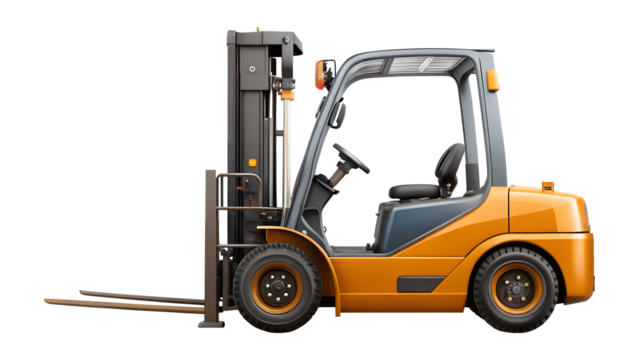 Yellow forklift truck isolated on transparent background, a versatile vehicle for industrial and construction applications, perfect for cargo and warehouse operations
