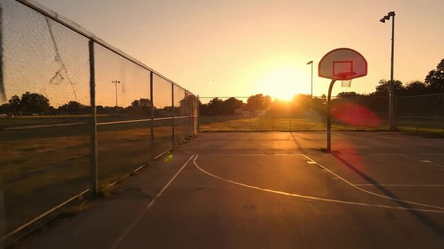 Golden hour illuminates the empty basketball court offering a serene backdrop for athletic pursuits and peaceful moments of reflection