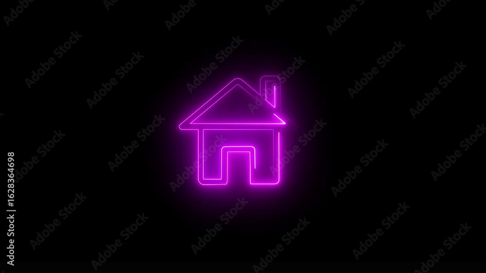 Poster glowing neon line map pointer with house icon isolated on black background . home button icon animat