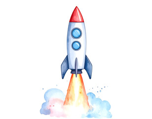 Colorful rocket launches into the sky with flames and clouds. Watercolor illustration isolated transparent background