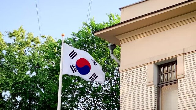 Flag of South Korea Embassy Building Swaying in the wind