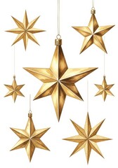 Obraz premium Golden Star Ornaments Collection - Watercolor illustration of seven gold star shaped Christmas ornaments hanging on white background. Perfect for holiday designs