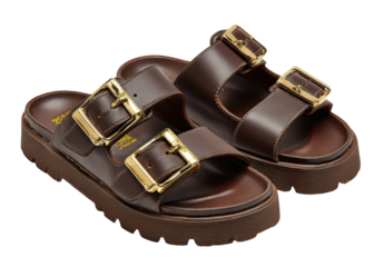 Brown leather sandals with wide buckles and chunky platform soles