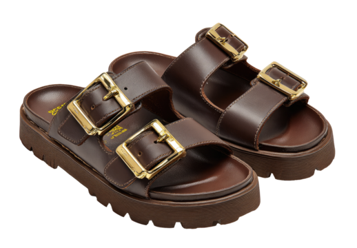 Brown leather sandals with wide buckles and chunky platform soles