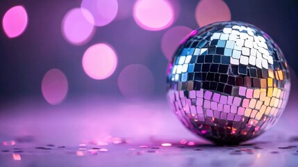 Obraz premium A sparkling disco ball sits on a reflective surface, surrounded by soft bokeh lights in shades of pink and purple, creating a vibrant party atmosphere, Ideal for event promotion and nightlife themes,