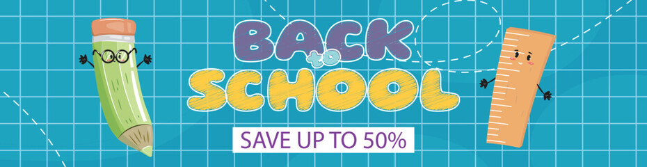 Cartoon school supplies, smiling pencil, ruler, back to school discount offer, colorful poster, modern vector art
