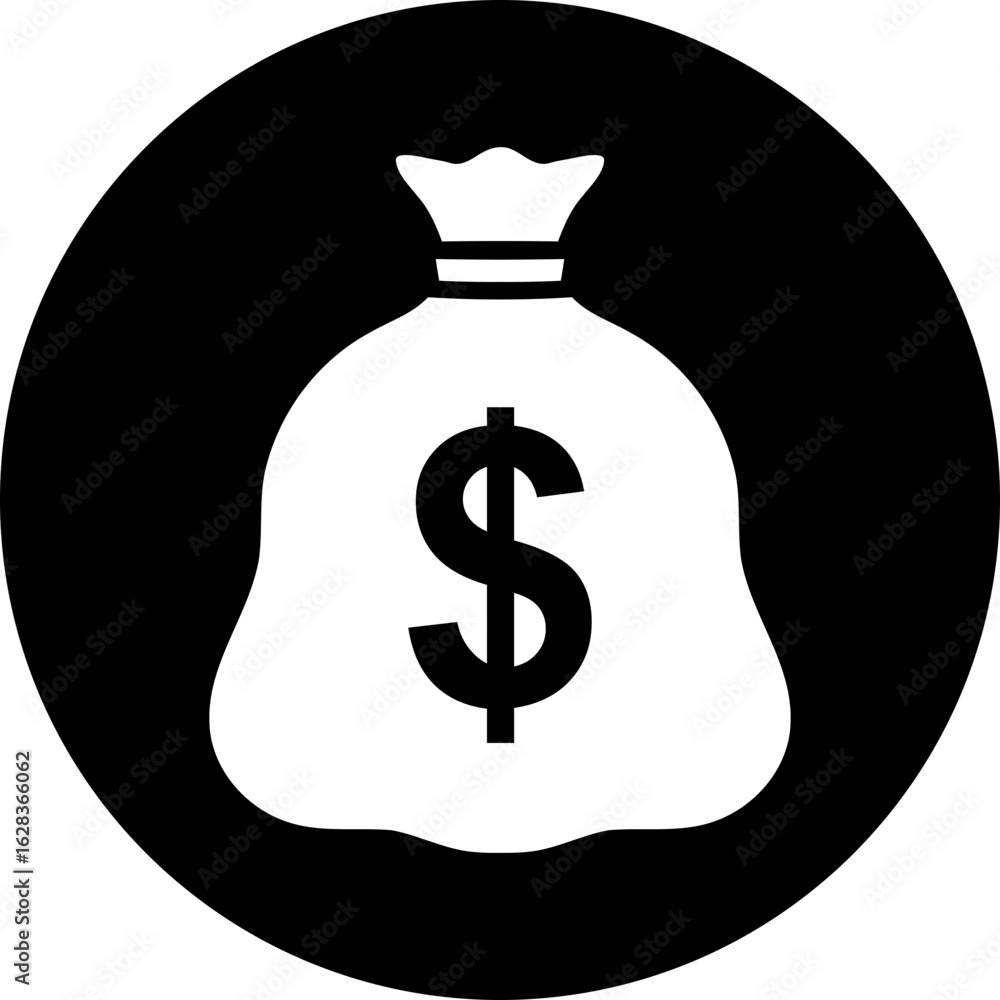 Poster money bag icon in circle. white/transparent glyph finance symbol with dollar sign for app or web but