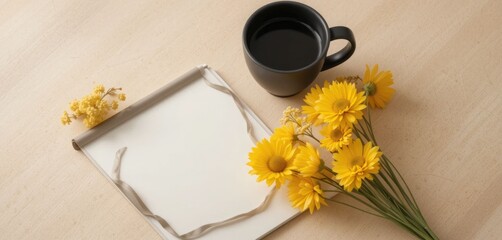Mockup of a Beige Tablet with Yellow Flowers and a Black Mug