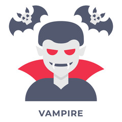Vampire Icon, Halloween Dracula Character with Fangs and Cape, Icon Flat Style