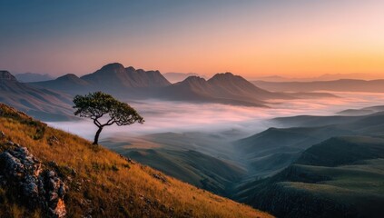 Sunrise over misty mountain valley. A lone tree stands sentinel on a hillside overlooking a valley blanketed in morning mist.  Mountains rise in the background, bathed in the soft hues of dawn