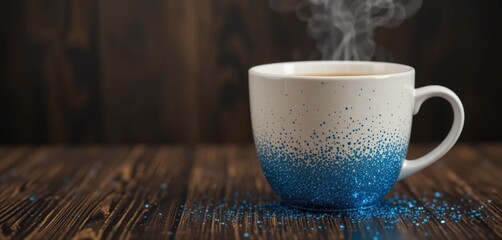 Coffee Cup Mockup in Beige and Blue Glitter on Dark Wood