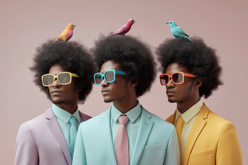 Charming Black Man with Afro and Bird – Vibrant Pastel Fashion Editorial Portrait
