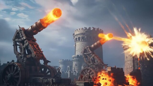 Epic Battle Scene with Catapults Fire and Castle Destruction in a Fantasy Fortress