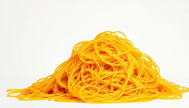 A tangled mass of uncooked spaghetti against a plain white backdrop, spaghetti,  photography