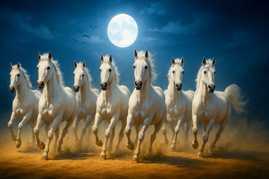 Seven White Horses Galloping Under a Soft Sky at Twilight Ai genret 