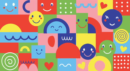 Fototapeta premium A vibrant and playful seamless pattern of colorful geometric shapes with cute smiling faces, a cheerful abstract background illustration.