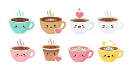 Adorable cartoon coffee cup collection with happy faces and charming colors
