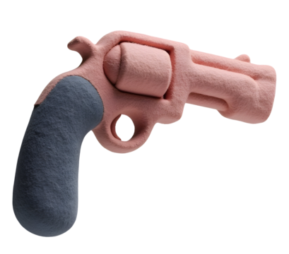 Cute pink and blue toy revolver with soft, fuzzy texture for playful imagination