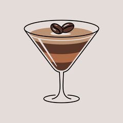 Elegant Coffee Martini Cocktail Illustration with Layers and Coffee Bean Garnish against Neutral Background