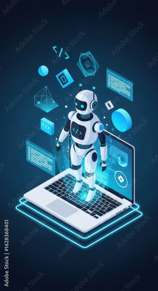 Poster futuristic robot assisting with coding on a laptop displaying digital elements