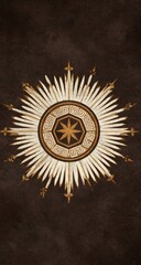 Fototapeta premium Ornate, golden sunburst emblem on dark background. A central, circular design with intricate gold details, radiating outward from a central starburst pattern