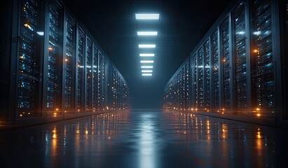 Dark server room lit by neon lights.  Rows of metal server racks