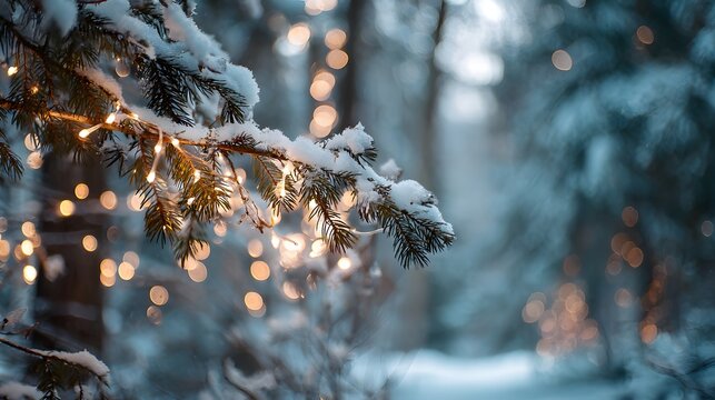 Snowy pine branch adorned with twinkling christmas lights in a forest