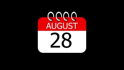day date 28 August concept template calendar page animation concept. Calendar with the date August 28 on a black background. August 28 - Daily Calendar Icon in flat design style.