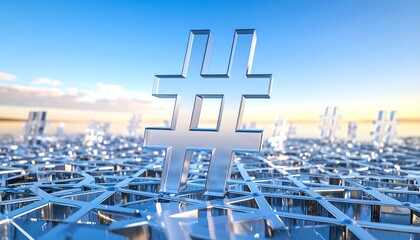 Glass Hashtag Symbol on Network Grid Under Blue Sky
