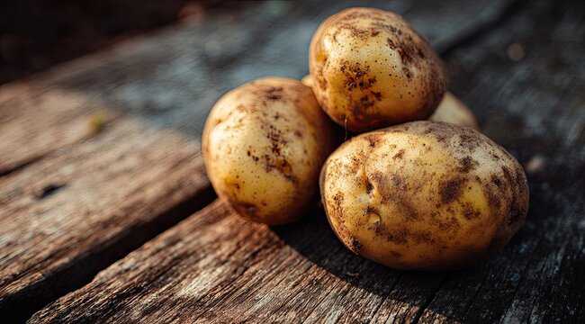 Freshly harvested potatoes on weathered wood