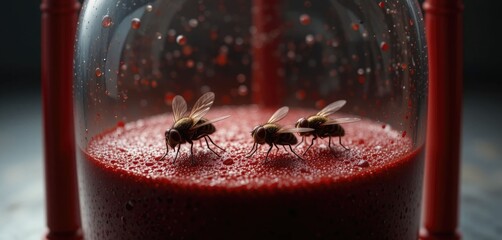 Flies on a Dark Surface in a Red Hourglass