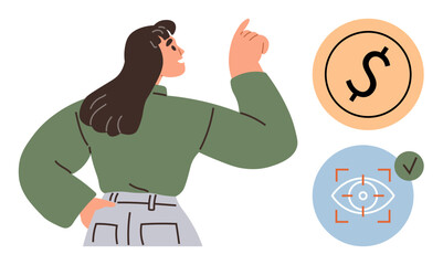 Woman pointing upward with icons of financial planning, goal setting, and vision tracking. Ideal for finance, leadership, motivation, focus, success planning and visualization. Simple flat metaphor