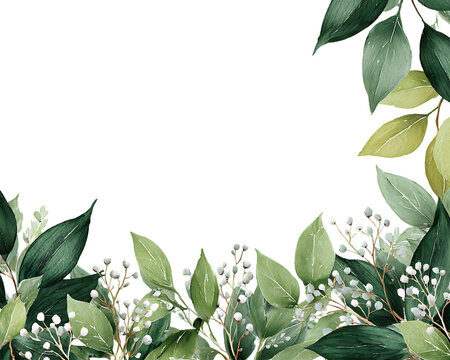 Delicate green leaves and tiny white flowers bordering a black space isolated on transparent background
