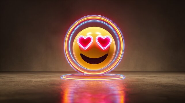 Neon Heart Eyes Emoji in Laughing Expression on Dark Background - Powered by Adobe