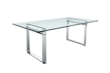 Modern glass dining table with sleek chrome legs on transparent background