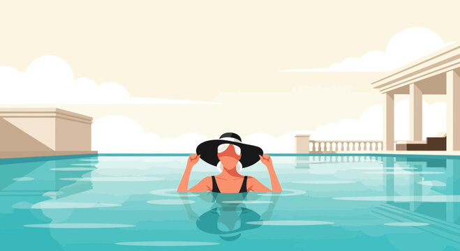 Elegant woman relaxing in a luxurious pool with classical architecture in the background