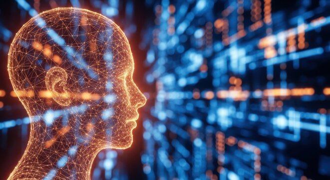 Artificial intelligence human head silhouette with data streams visualization - Powered by Adobe