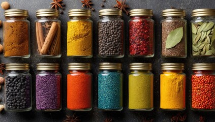 Colorful spice jars arranged on dark surface