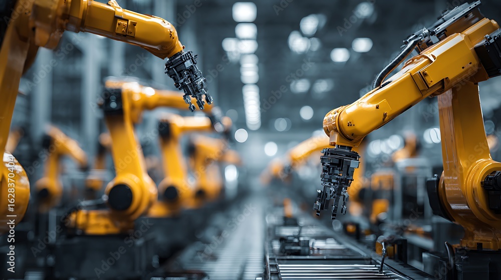 Poster robotic arms operating on assembly line in factory